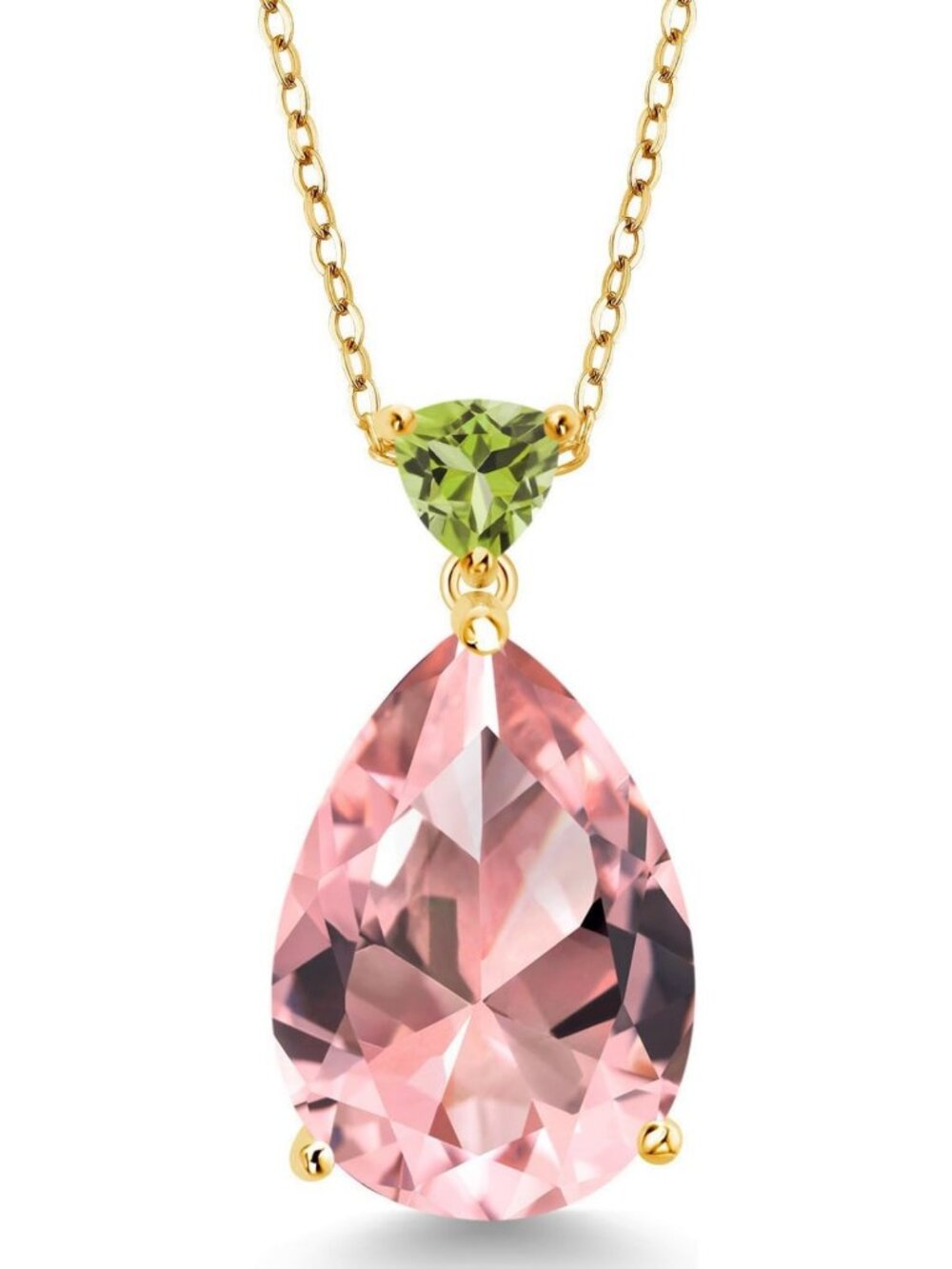 Stunning Pear Shape Peach Nano Morganite & Green Peridot Pendant Necklace, 18K